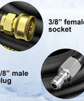 Close-up of Beefy Fifty Foot Pressure Washer Hose with three-eighths inch quick connect showing female socket and male plug.