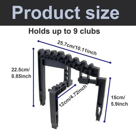 Dimensions of Durable Golf Club Organizer for Bags with Iron Holder Clips, holds up to 9 clubs, lightweight design shown.