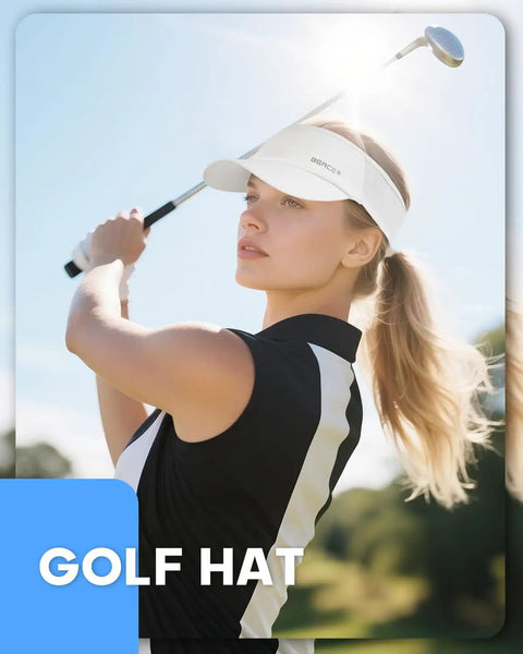 Woman golfing wearing a Lightweight Wicking Sun Visor Hat For Men And Women, Stretchy Sports Sun Visor Cap For Golf, Tennis, Running, Beach.