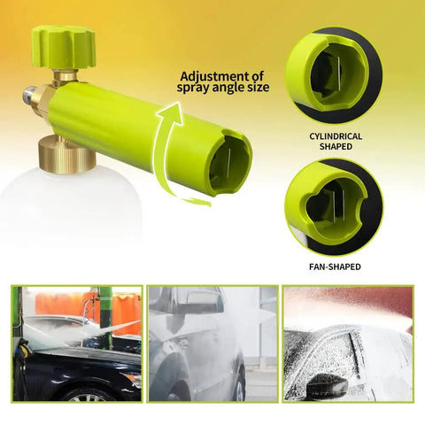 Beast Mode Heavy Duty Foam Cannon Snow Foam Lance with quick release adjustable nozzle showing spray angle and foam application on cars