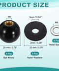 4 Piece Threaded Ball Knobs Set M6 X 20mm Phenolic Plastic with nylon washers and metal spacers, ideal for DIY projects.