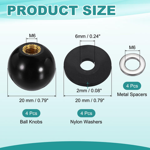 4 Piece Threaded Ball Knobs Set M6 X 20mm Phenolic Plastic with nylon washers and metal spacers, ideal for DIY projects.