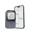 Straight Up Smart Digital Radon Detector Featuring Bluetooth Connectivity And Built In Temperature Humidity Sensors For Continuous Portable Home Air Quality Testing on countertop with smartphone app display.