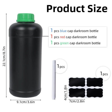 Three 1000ml Darkroom Chemical Storage Bottles With Measuring Cups For Film Developing, Durable HDPE Plastic Containers