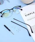 Universal Eyeglasses Repair Kit With Hefty Metal Temple Arms And Precision Screws Heavy Duty Frame Leg Replacement To Snug Up Loose Hinges For Quick Spectacle Fix, includes glasses and repair tools.