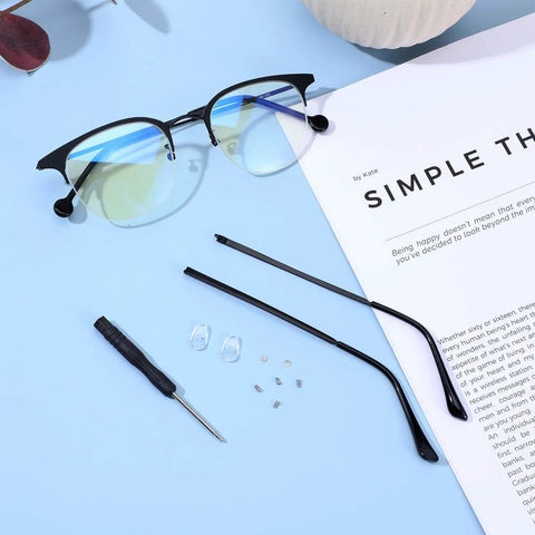 Universal Eyeglasses Repair Kit With Hefty Metal Temple Arms And Precision Screws Heavy Duty Frame Leg Replacement To Snug Up Loose Hinges For Quick Spectacle Fix, includes glasses and repair tools.