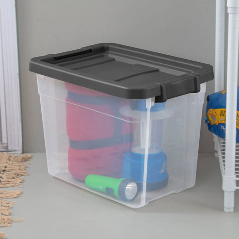 Modular Clear Box Stacker 30 Quart Storage System with black lid, showcasing stored gear, ideal for home, garage, or office use.