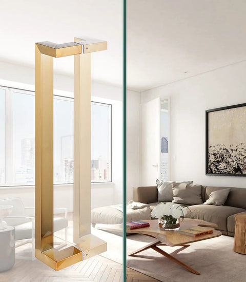 Double Bend S Push Pull Door Handles Set In Brushed Stainless Steel For Barn Doors shown on glass door indoors