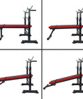 Weight Bench With Squat Rack And Adjustable Recliner - Foldable Home Gym Gear, shown from side angles with red and black finish.