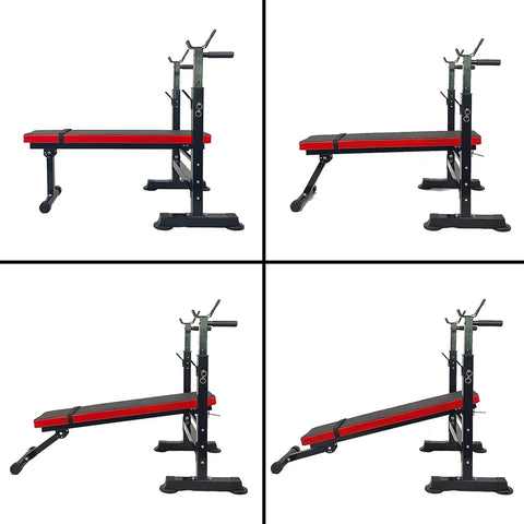 Weight Bench With Squat Rack And Adjustable Recliner - Foldable Home Gym Gear, shown from side angles with red and black finish.
