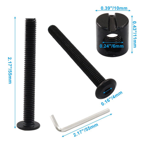 12 Pcs M6 x 55mm Hex Socket Head Screws and Barrel Nuts Hardware Kit for Bunk Beds and Furniture Replacement, showing bolt, nut, wrench with measurements