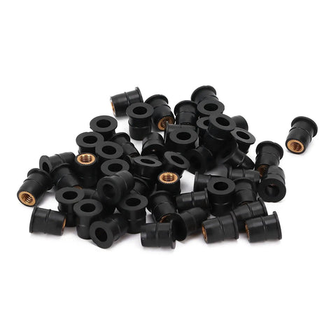 Tough As Nails 50 Pack M6X0.8MM Motorcycle Windscreen Well Nuts, rubber fasteners with brass inserts, black rubber clips.