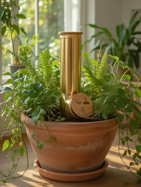 Vertical Worm Compost Bin Space Saver Modular Stackable System For Small Gardens And Containers Green 4 Gallon Capacity in a terracotta pot surrounded by plants.