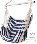 Large Indoor Outdoor Hammock Chair Swing With Anti Slip Steel Spread Bar Heavy Duty Carbon Steel Frame Holds Up To 500 Lbs Includes Two Cushions Ideal For Bedroom Patio Porch Balcony Backyard Relaxation striped blue and white design