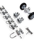 Heavy Duty Chain Link Rolling Gate Hardware Kit With Smooth Pneumatic Rubber Wheels, brackets, and pulleys laid out.