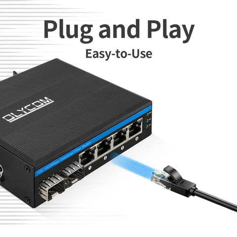 Six Port Hardened Industrial Gigabit PoE Plus DIN Rail Fiber Network Switch With Four PoE Plus Ports And Two 1.25G SFP Fiber Ports 120W Outdoor Grade for Harsh Environments, plug and play design