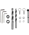 Heavy Duty Aluminum Doweling Jig Kit And Precision Drilling Locator bit set including three drill bits and accessories on white background.