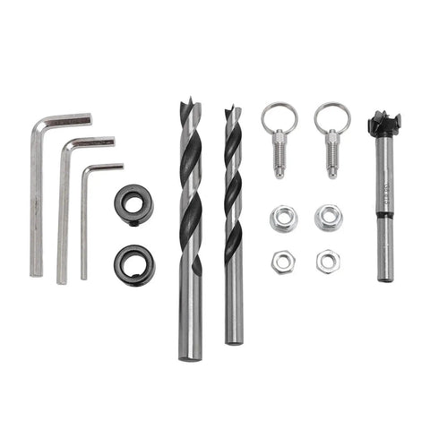Heavy Duty Aluminum Doweling Jig Kit And Precision Drilling Locator bit set including three drill bits and accessories on white background.