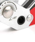 Close-up of hot adjustable angle welding magnet holding 20 to 200 degrees dial for precise setup, made of durable iron boron.