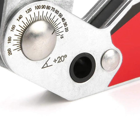 Close-up of hot adjustable angle welding magnet holding 20 to 200 degrees dial for precise setup, made of durable iron boron.
