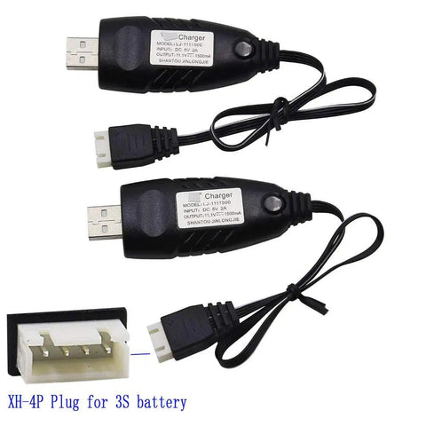 2 Pack USB To 11.1V 3S LiPo Charger Cable With 4 Pin XH Plug For RC Cars Boats Drones Airplanes And Airsoft, 1.5A Charge