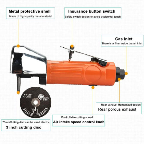 Side view of Heavy Duty Pneumatic Air Cut Off Tool Kit With 5 Pcs Three Inch Cut Off Wheels And HSS Saw Blade Includes Wrench And 1 Quarter Inch NPT Fitting For Metal Sheet Cutting, showing orange tool body and black cutting disc.
