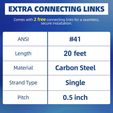 41 Roller Chain 20 Feet Beefed Up Industrial Grade Carbon Steel chart showing length, material, and additional connectors.