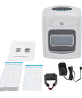 Built Tough Wall Mount Or Desk Time Clock Bundle With Bright Lcd Screen And Fifty Punch Cards Password Lock Accessories laid out.