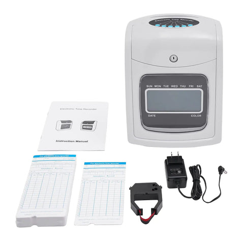 Built Tough Wall Mount Or Desk Time Clock Bundle With Bright Lcd Screen And Fifty Punch Cards Password Lock Accessories laid out.