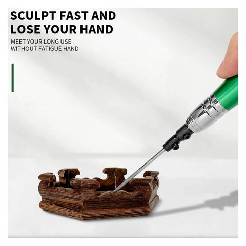 Hardcore Pneumatic Micro Air Pencil Die Grinder in use on intricately carved wooden piece for precision grinding.