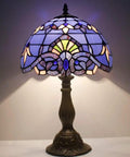 Blue Purple Tiffany Style Stained Glass Table Lamp 12x12x18 Inch With Lavender Hue Baroque Artwork Antique Green Bronze Base Delivers Cozy Vibe For Bedside Reading Desk Decor In Bedroom Living Room Home Office S003C Series