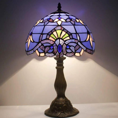 Blue Purple Tiffany Style Stained Glass Table Lamp 12x12x18 Inch With Lavender Hue Baroque Artwork Antique Green Bronze Base Delivers Cozy Vibe For Bedside Reading Desk Decor In Bedroom Living Room Home Office S003C Series
