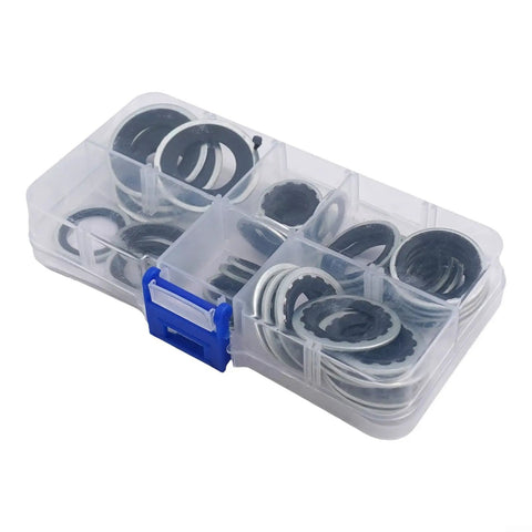 Garage Grade Car AC Compressor Seal Kit With Gasket Set, 45 Pieces, 6 Sizes, in clear box for leak repair, durable materials.