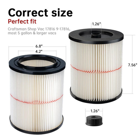 Replacement Red Stripe Cartridge Filter For 9 17816 Shop Vac And Larger Vacuums Fits 5 To 32 Gallon Wet Dry Vacs shown with dimensions