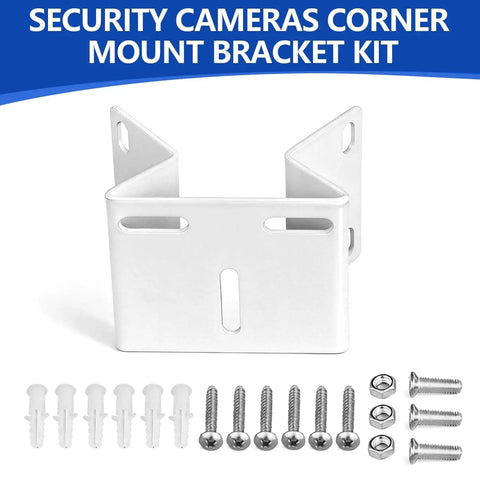 Corner Mount Kit For Security Cameras 270 Degree Bracket for Outdoor Surveillance with screws and anchors included.
