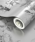 Premium Floral Toile Cottage Wallpaper With Glamorous Silver Metallic Finish Eco Friendly PVC Free Wall Covering rolled out, showing floral design.