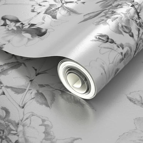 Premium Floral Toile Cottage Wallpaper With Glamorous Silver Metallic Finish Eco Friendly PVC Free Wall Covering rolled out, showing floral design.