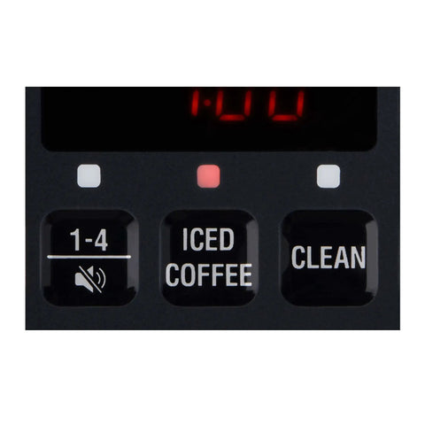 Close-up of control panel buttons on Programmable Dome Brew Coffee Maker Featuring Twenty Four Hour Timer Backup Memory And Sleek Stainless Steel Finish That Brews Twelve Hot Cups Or Eight Iced Servings With Tuneable Strength For Bold Smooth Flavor To Kick Off Your Day.