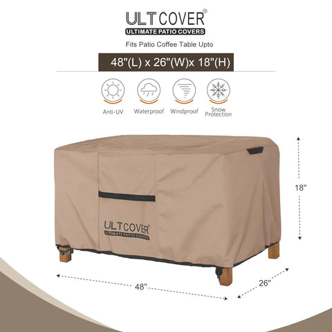 Waterproof Rectangular Outdoor Coffee Table Cover 48x26x18 Inch Weatherproof Patio Side Table Shield displayed on table