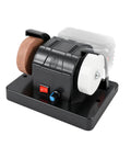 Grab And Go Cordless Mini Bench Grinder With Variable Speed Control Up To Seven Thousand RPM Dual Grinding Wheels on a black base.