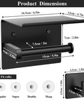 Dimensions of Mega Size Toilet Paper Holder With Built In Phone Shelf And Towel Hooks, Adhesive Or Screw Mount, Stainless Steel Matte Black.
