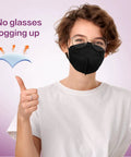 Person wearing black KN95 Face Mask 50 Pack Disposable Respirator Masks With 5 Layer Design For High Filtration And Comfy All Day Wear.