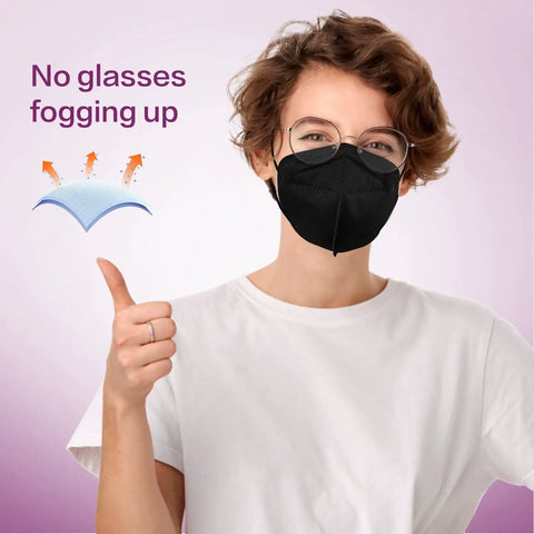 Person wearing black KN95 Face Mask 50 Pack Disposable Respirator Masks With 5 Layer Design For High Filtration And Comfy All Day Wear.