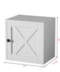 Stackable Cube Storage Organizer For Home And Office DIY Modular Shelving Cubes For Books Clothes Toys And Decor Built With Sturdy 18mm Panels Hidden Bolts Anti Tip Kit Mortise And Tenon Joints Free Stacking Design In White Washed Finish, with a closed cabinet door, measuring 15x11.7x15 inches, front view.