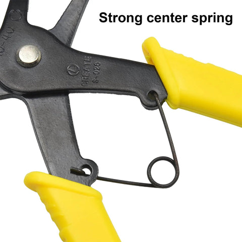 Close-up of 2 In 1 Snap Ring Pliers Dual Purpose Retaining Ring Plier C Clip Tool with yellow handles and center spring.
