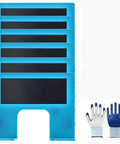 Effortless Magnetic Door Hinge Mate Kit For Quick Tool Free Installations With Magnetic Hinge Jig For Precise Door Jamb Alignment No Drill Latch Fitting Includes Six Pack, shown with blue and white tool gloves.