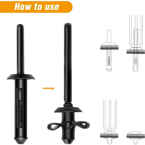 Automotive Nylon Blind Rivet Assortment Kit 115 Pcs with diagram showing installation process of black nylon pop rivets.
