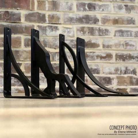 Galveston 4 Piece Center Brace Bracket Set For Shelves And Displays, Powder Coated Black, shown against brick wall