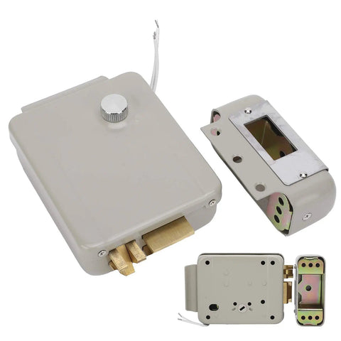 Electric Door Strike Lock Kit Offering Straight Up Dependable Two Way Talk Communication For Easy Access Control Nine To Twelve Volt Electromagnetic Security Strike Mounting Includes Master Keys Heavy Duty Painted Housing For Retail Shops, showing components and mounting part.
