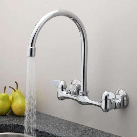 Two Handle High Arc Wall Mount Kitchen Faucet With 6.7 Inch Spout Height 8 Inch Reach Adjustable 7 To 9 Inch Center Distance